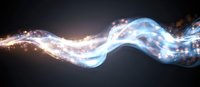 Glowing magical wave with sparkles and light particles flowing on dark background, abstract luminous energy stream with blue and white elements.