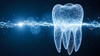 Digital wireframe tooth model with glowing neural network connections on dark blue background for dental technology and healthcare innovation concepts.