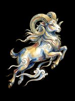 Leaping ram with ornate golden horns and flowing mane in watercolor style, isolated on transparent background. Great for stickers, t-shirt design, and print on demand.