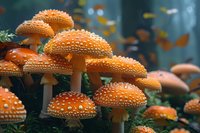 Orange spotted mushrooms with water droplets growing in forest moss, magical autumn scene with blurred background and falling leaves in mystical woodland setting.