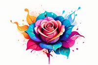 Pink rose with vibrant multicolored petals in watercolor style against white background, featuring splashes of blue, orange and magenta tones. Artistic floral design.