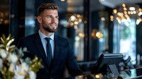Young confident businessman in dark suit smiling while working on laptop in modern office with bokeh lights background for corporate presentations.