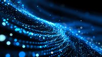 Glowing blue particles forming wave pattern against dark background with bokeh light effects and dynamic motion trails. Digital network concept.