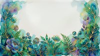 Watercolor floral frame with teal and purple blooms, green foliage, and leaves on white background, isolated for design use on cards, invitations, and digital projects.