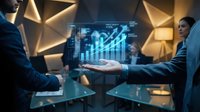 Business professionals analyzing holographic financial data and growth charts in modern office meeting for strategic planning and investment decisions.