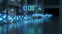 Digital clock display showing 10:08 AM OCT 26 floating above futuristic data visualization with glowing blue particles and network connections for tech presentations.