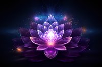Glowing purple lotus flower with magical light effects on dark background, mystical spiritual symbol radiating energy and cosmic particles in space.
