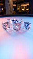 Transparent acrylic dice with colorful geometric patterns illuminated by neon lighting on modern surface for gaming and entertainment concepts.