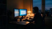Young professional woman working late at dual monitor computer setup in modern office during evening hours with city lights visible through window.