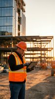 Construction worker using tablet at building site during golden hour sunset for project management and digital planning.