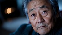 Senior Asian man with contemplative expression in dramatic low-key lighting, wearing dark clothing against blurred background with soft bokeh lights.