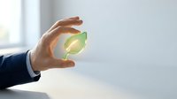 Businessman hand protecting glowing green leaf symbol representing environmental responsibility and sustainable business practices in modern office.