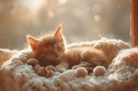 Sleeping ginger kitten curled up on soft white blanket in warm sunlight with bokeh effect, creating cozy and peaceful atmosphere for lifestyle and pet photography.
