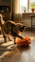 Curious tabby cat playing with orange paper flower in cozy kitchen interior with warm sunlight streaming through window creating peaceful domestic scene.