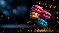 Colorful macarons falling with golden sparkles and bokeh lights on dark background. French pastry dessert concept for bakery menu and culinary advertising.