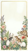 Watercolor frame with cute mice and rats among flowers, herbs and berries on cream background for greeting cards, invitations and stationery design.