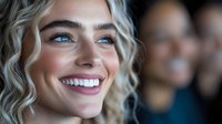 Young Caucasian woman with platinum blonde curly hair and bright blue eyes showing genuine smile with white teeth. Blurred figure in background. Close up portrait.
