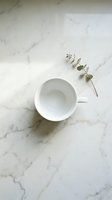 Empty white ceramic mug on marble surface with dried eucalyptus branch, minimalist flat lay composition for beverage, lifestyle and home decor projects.