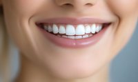 Close-up of bright white healthy teeth and natural pink lips showing genuine smile. Dental care and oral hygiene concept for dentistry and cosmetic services.