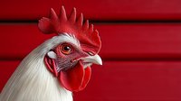 Close-up portrait of white rooster head with bright red comb and wattles against red background, showing detailed feathers and distinctive beak profile.