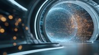 Futuristic tunnel corridor with glowing blue and orange particles floating in space. Sci-fi gateway design with luminous energy effects and bokeh lights.