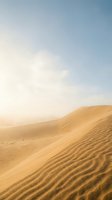 Golden sand dunes with rippled texture under clear blue sky and soft sunlight. Arid desert landscape with rolling hills and natural patterns. Suitable for travel, nature, and background design projects.