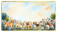 Watercolor border with cute dogs in a flower meadow, golden retriever, poodle, beagle, bulldog, spaniel, green trees, copy space for text.