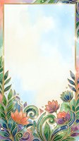 Watercolor floral frame with gold border, pastel flowers and lush green leaves, soft dreamy background with copy space for text or design.
