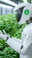 Modern agricultural robot examining fresh basil plants in automated greenhouse environment. Smart farming technology for sustainable food production.