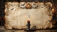 Aged parchment with ornate Halloween borders featuring jack-o-lanterns and bats, vintage candle in foreground, perfect for seasonal invitations and spooky designs.