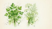 Fresh parsley and dill bunches painted in soft watercolor style with green splashes on a light background, perfect for culinary and botanical designs.