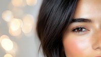 Close up portrait of young Hispanic woman with natural makeup and glowing skin against soft bokeh lights background, side view showing eye and cheek detail.