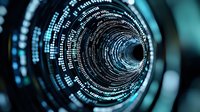 Digital tunnel with glowing binary code and data streams in blue technological perspective, abstract cyber security and network communication concept.