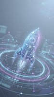 Futuristic digital rocket with glowing neon lights and holographic interface elements in cyberpunk style technology concept for startup and innovation projects.