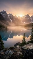 Serene alpine lake at sunrise with snow-capped mountain peaks, turquoise waters, and misty atmosphere reflecting dramatic landscape scenery for nature and travel projects.
