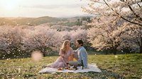 Young couple enjoying romantic picnic under blooming cherry blossom trees during spring season with mountain landscape background at golden hour sunset.
