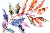 Delicate watercolor leaves in vibrant blue, orange and purple hues on white background, flowing with translucent organic shapes and fluid artistic movement.