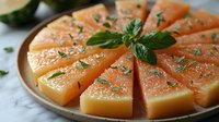 Fresh cantaloupe melon slices arranged on wooden plate with mint garnish and herbs, healthy summer fruit snack ready to serve for breakfast or dessert.