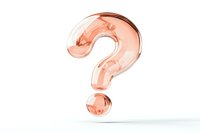 Transparent glass question mark in rose gold color on white background, modern minimal design concept for FAQ, help and support services.