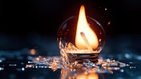 Burning candle wick in glass sphere on dark background with water droplets and reflections creating atmospheric mood for meditation or relaxation.