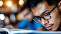 Young Asian male student with glasses focused on reading book in library setting with soft bokeh lights and blurred background, capturing authentic study moment.