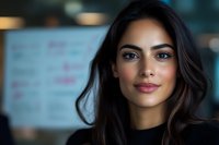 Young Hispanic woman with long dark hair and natural makeup smiling confidently at camera. Professional headshot with soft bokeh background in office setting.