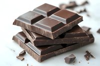 Broken dark chocolate bars stacked in layers with scattered pieces and crumbs on white surface, macro food photography showing rich texture and glossy finish.