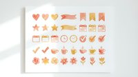 Colorful gradient icon set with hearts, stars, calendars, clocks and floral elements on white background. Modern UI symbols for web design and apps.