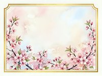 Watercolor cherry blossom frame with pink flowers and gold border on soft pastel background for spring wedding invitations and greeting cards.