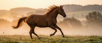 Majestic brown horse galloping across open field at golden sunset with mountains in background. Dynamic movement captures freedom and power in nature.