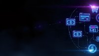 Digital commerce network with glowing neon icons showing online shopping, payments and e-business connections on dark tech background for fintech presentations.