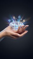 Hands holding glowing diamond with floating business icons representing innovation, technology solutions, and digital transformation concepts.