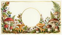 Autumn forest frame with mushrooms, berries and ferns surrounding golden circle for text. Seasonal botanical border design for fall decorations and nature themes.