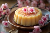 Delicate pudding dessert garnished with pink cherry blossoms on ceramic plate, soft natural lighting creates romantic mood for food photography and spring menu.